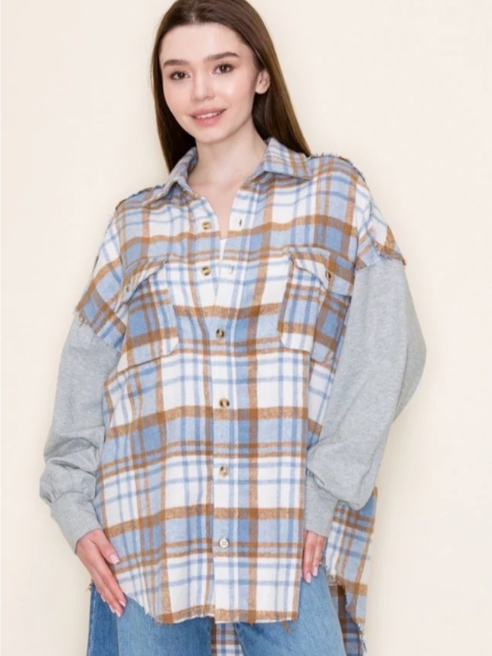 White Birch blue and Tan Plaid flannel Mixed-Sleeve Shirt Jacket